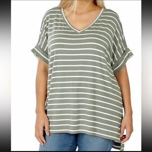ZENANA
Striped Oversized Hi-Low Hem
V-Neck Top